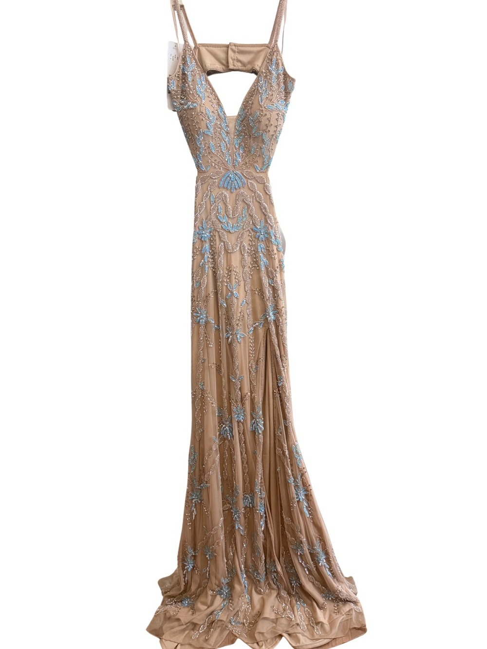 NWT ~ JOVANI Plunging Gown w/ Beaded Embellishments in Tan 41088 ~ Size 4